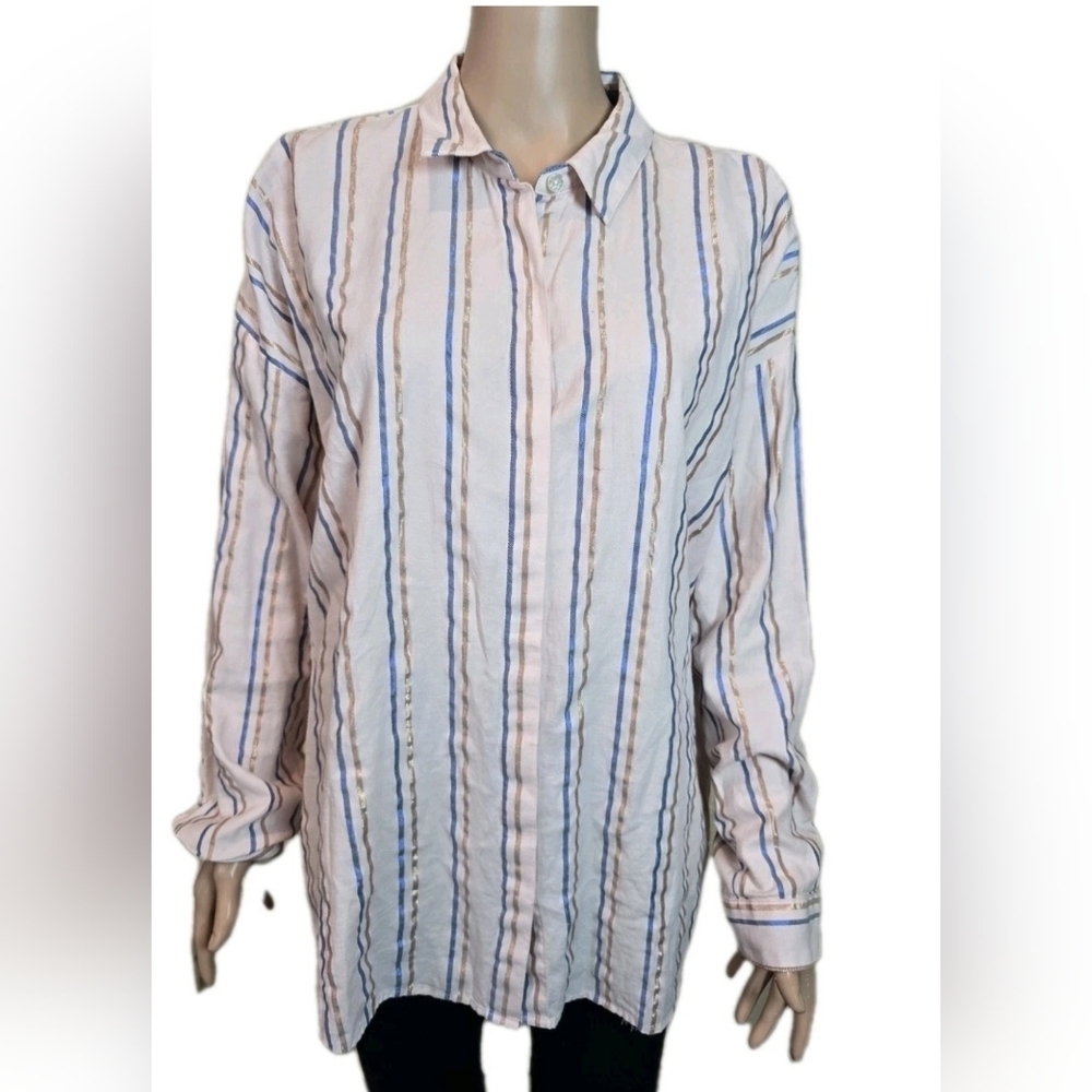 J Jill Top Womens XL Blush Pink Metallic Striped Easy Everyday Button Down